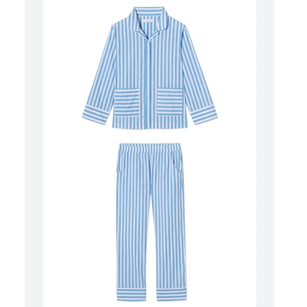 Lake “Cooler Stripe” Dusty Blue Poplin Pajama Pants Long Sleeve Button Up Set XL
